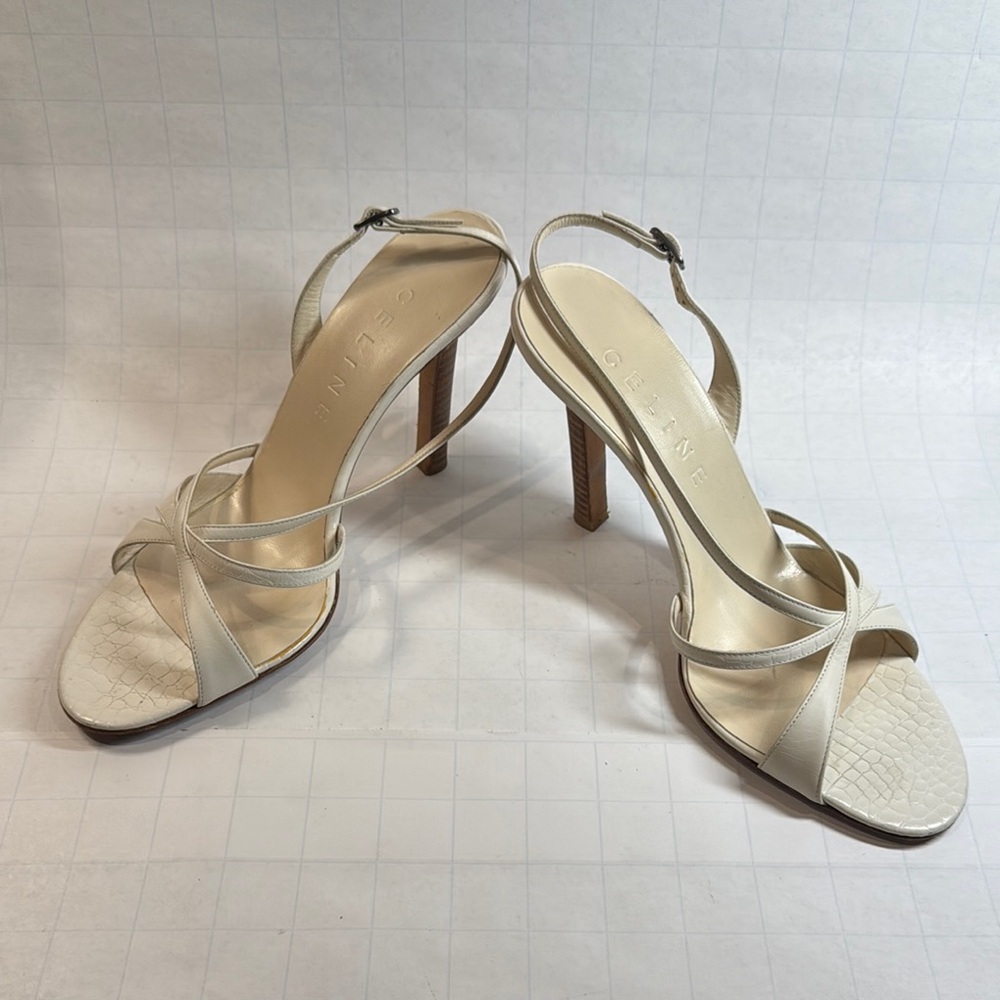 Celine White Croc Embossed Leather Strappy High Sling-back Heels Size 39